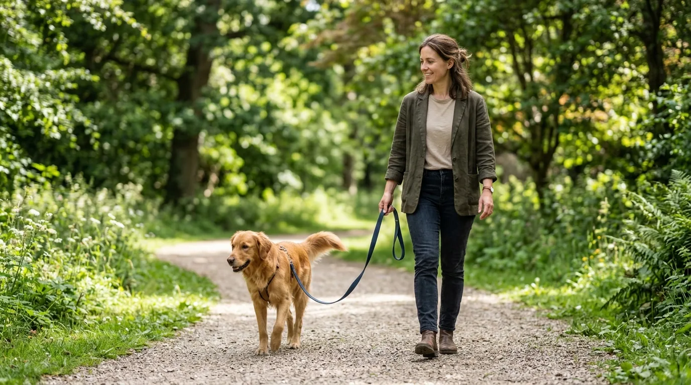 Cão caminhando ao lado do tutor em uma trilha de parque com a guia frouxa