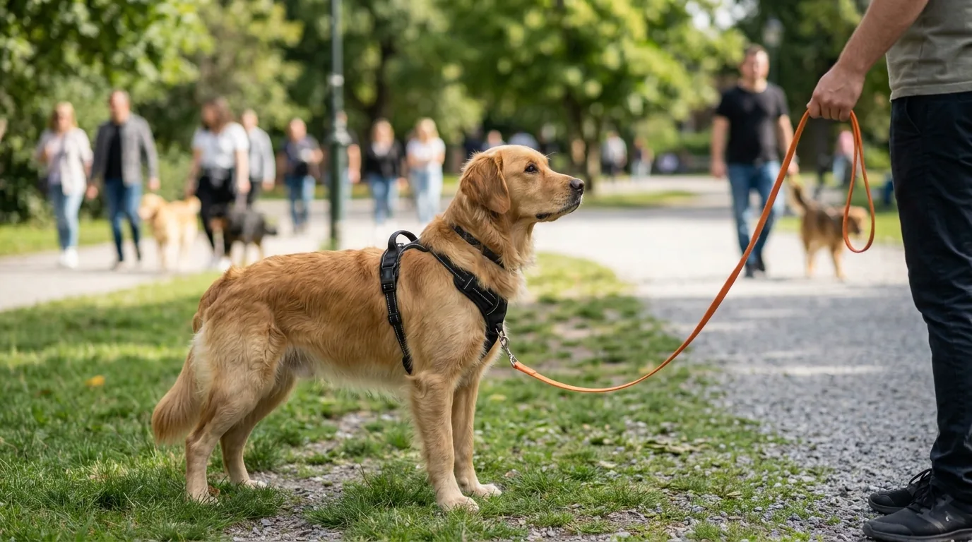 Cão atento ao tutor em uma guia longa apesar do movimento no parque