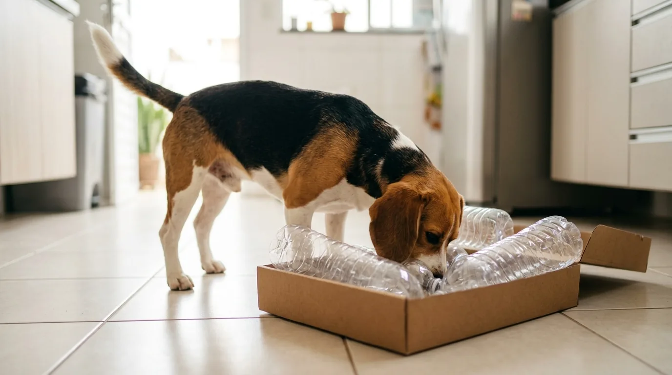 Beagle farejando petiscos escondidos entre garrafas plásticas vazias dentro de uma caixa de papelão rasa na cozinha