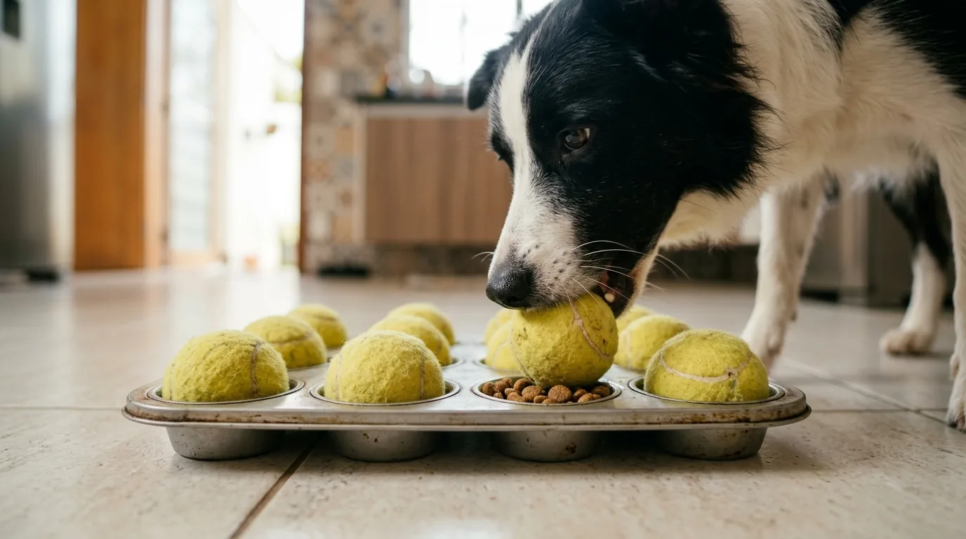Border collie levantando com o focinho uma bolinha de tênis da forma de muffin para achar a ração escondida
