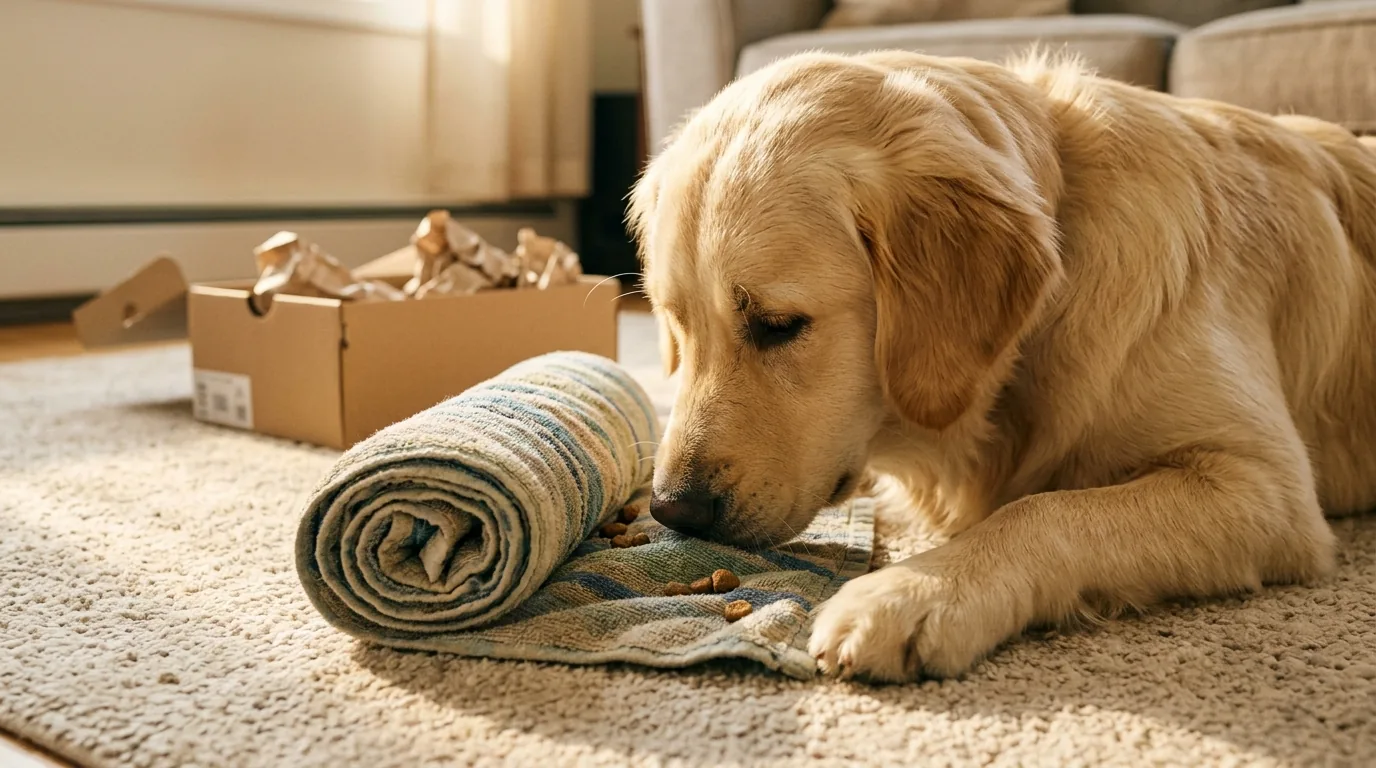 Golden retriever deitado no tapete desenrolando com o focinho uma toalha velha com petiscos escondidos