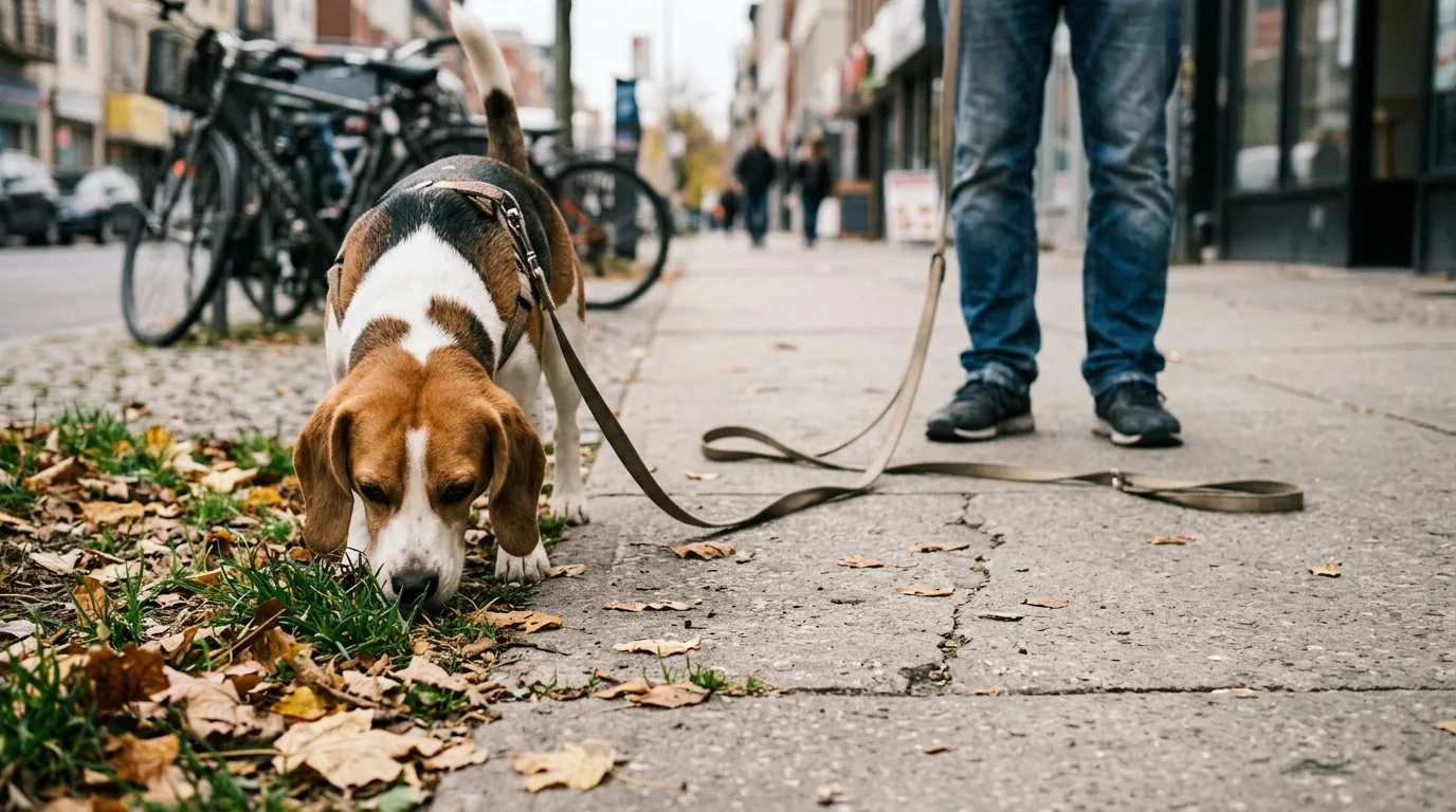 Beagle de guia longa farejando folhas na calçada e ignorando o tutor parado ao lado