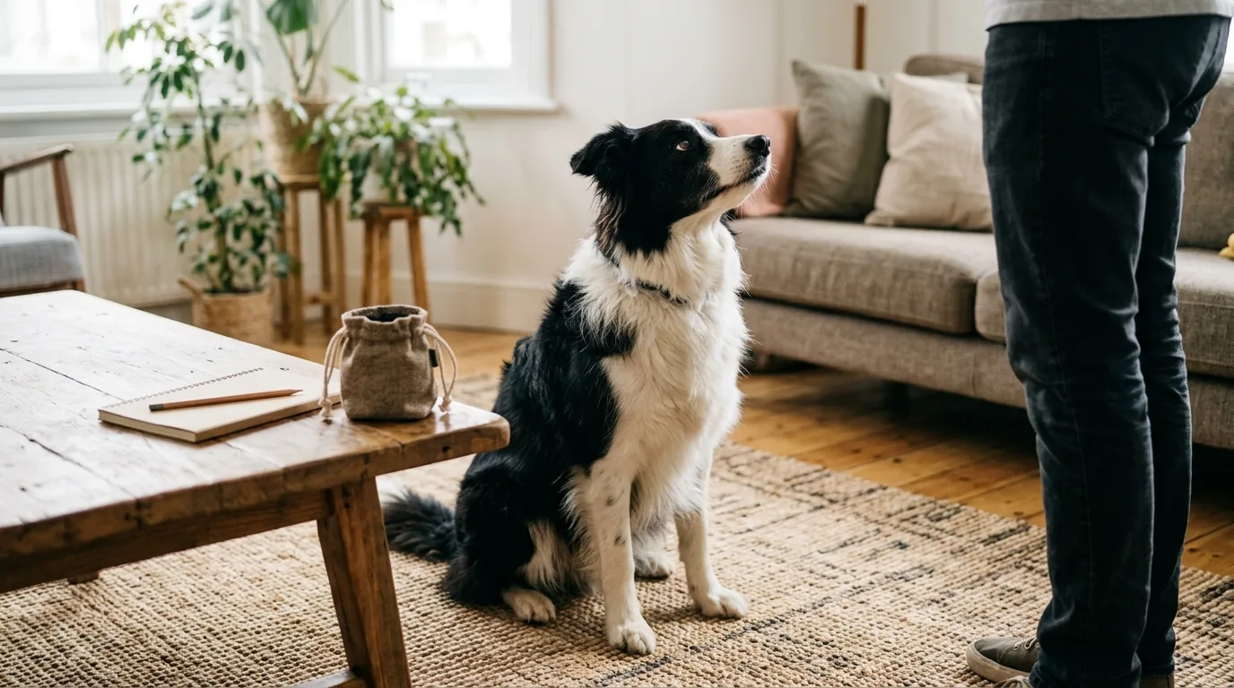 Cão sentado no tapete da sala olhando para o tutor durante treino curto em casa, com bolsa de petiscos na mesa