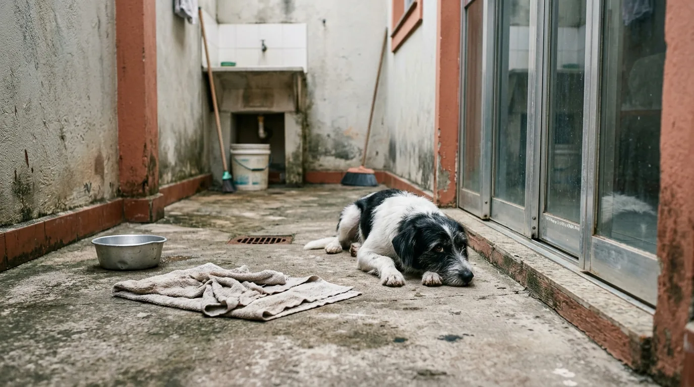 Cachorro preto e branco deitado sozinho no piso de cimento de uma área de serviço, com tigela vazia e pano dobrado ao lado