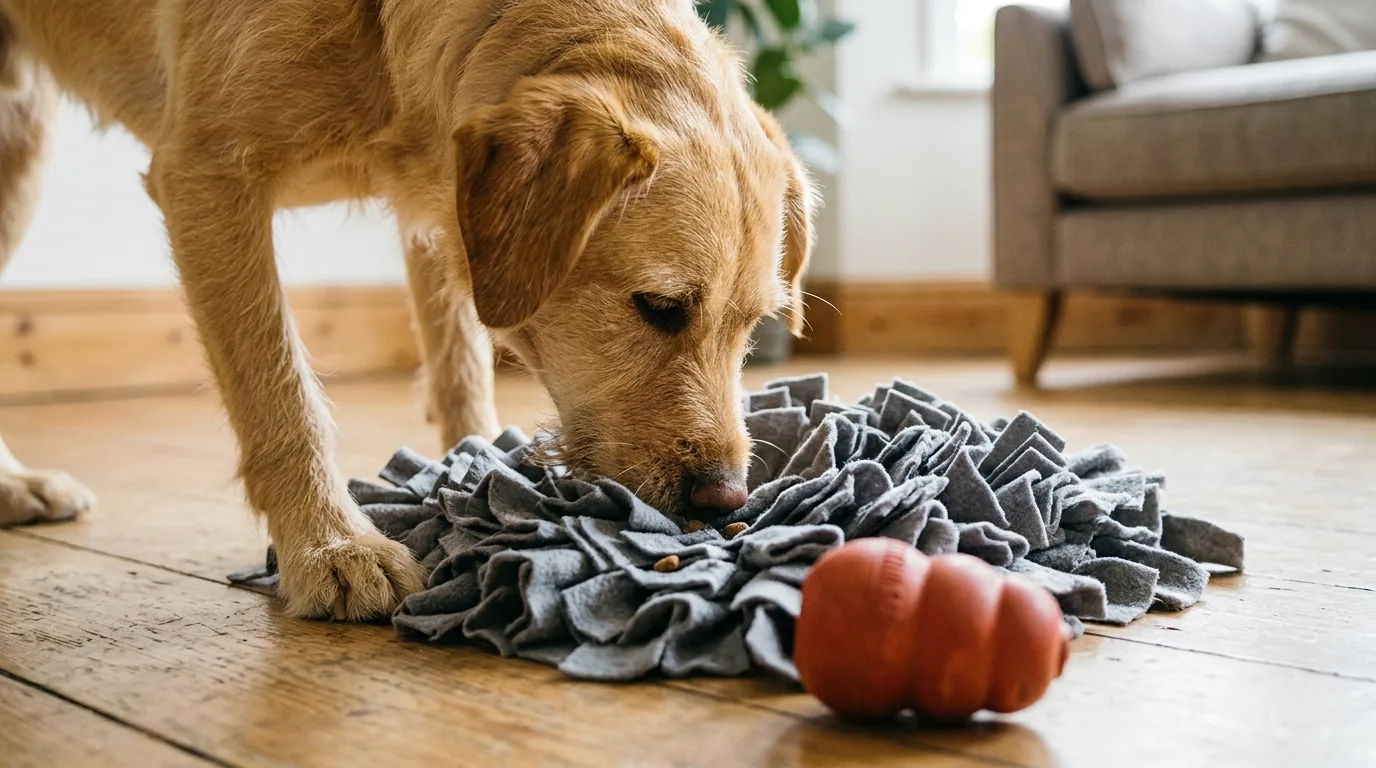 Cachorro caramelo farejando ração escondida em um tapete de faro cinza na sala, com brinquedo recheável de borracha ao lado