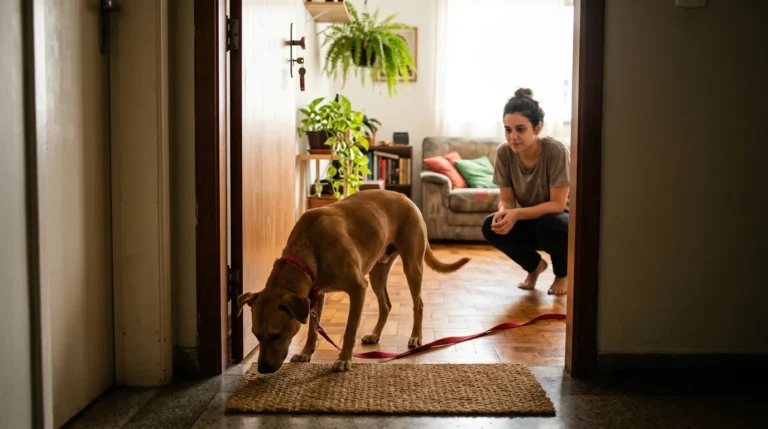 Cachorro caramelo recém-adotado cheirando o tapete da porta de um apartamento enquanto a tutora espera agachada na sala
