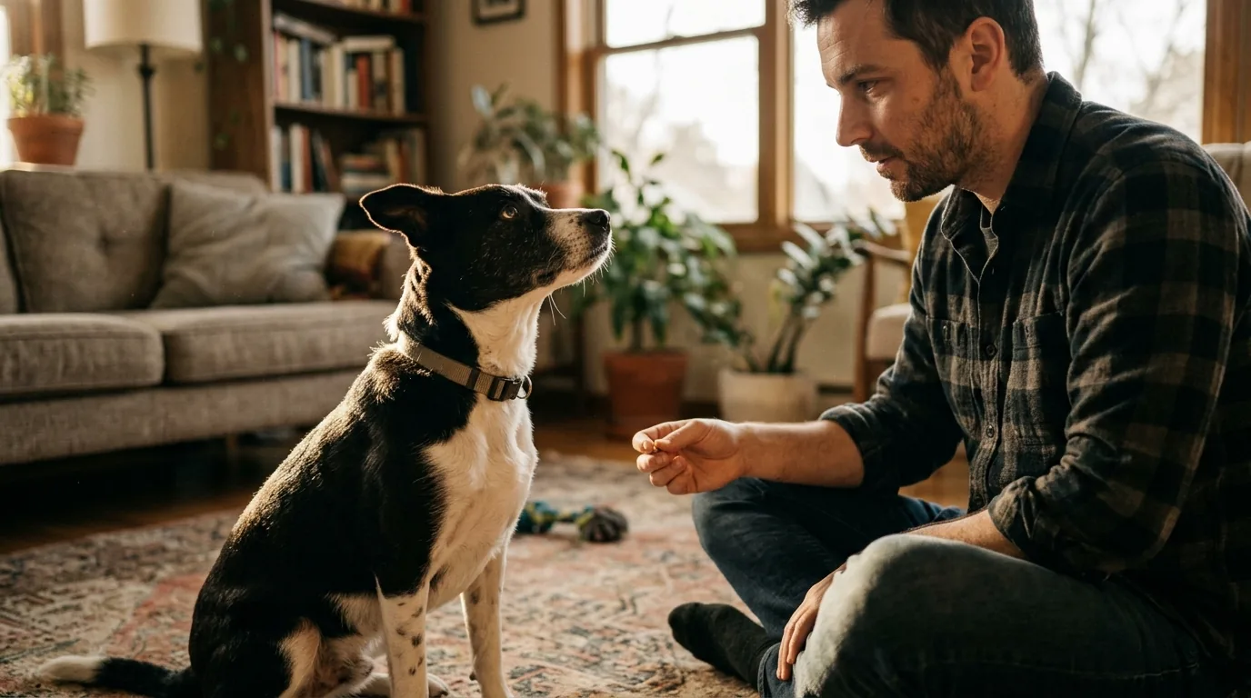 Tutor sentado no tapete oferecendo petisco a um cachorro preto e branco sentado durante treino com reforço positivo