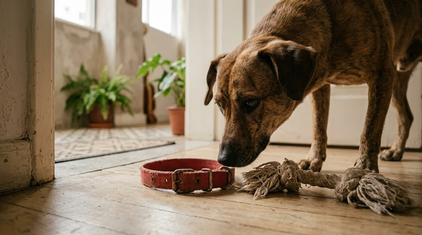 Cão sem raça definida farejando uma coleira vermelha e uma corda de brinquedo deixadas no chão perto da porta
