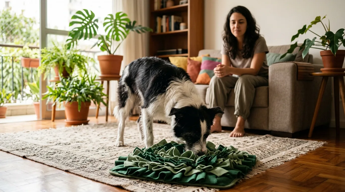 Cão preto e branco farejando um tapete de faro verde na sala enquanto a tutora observa sentada no sofá