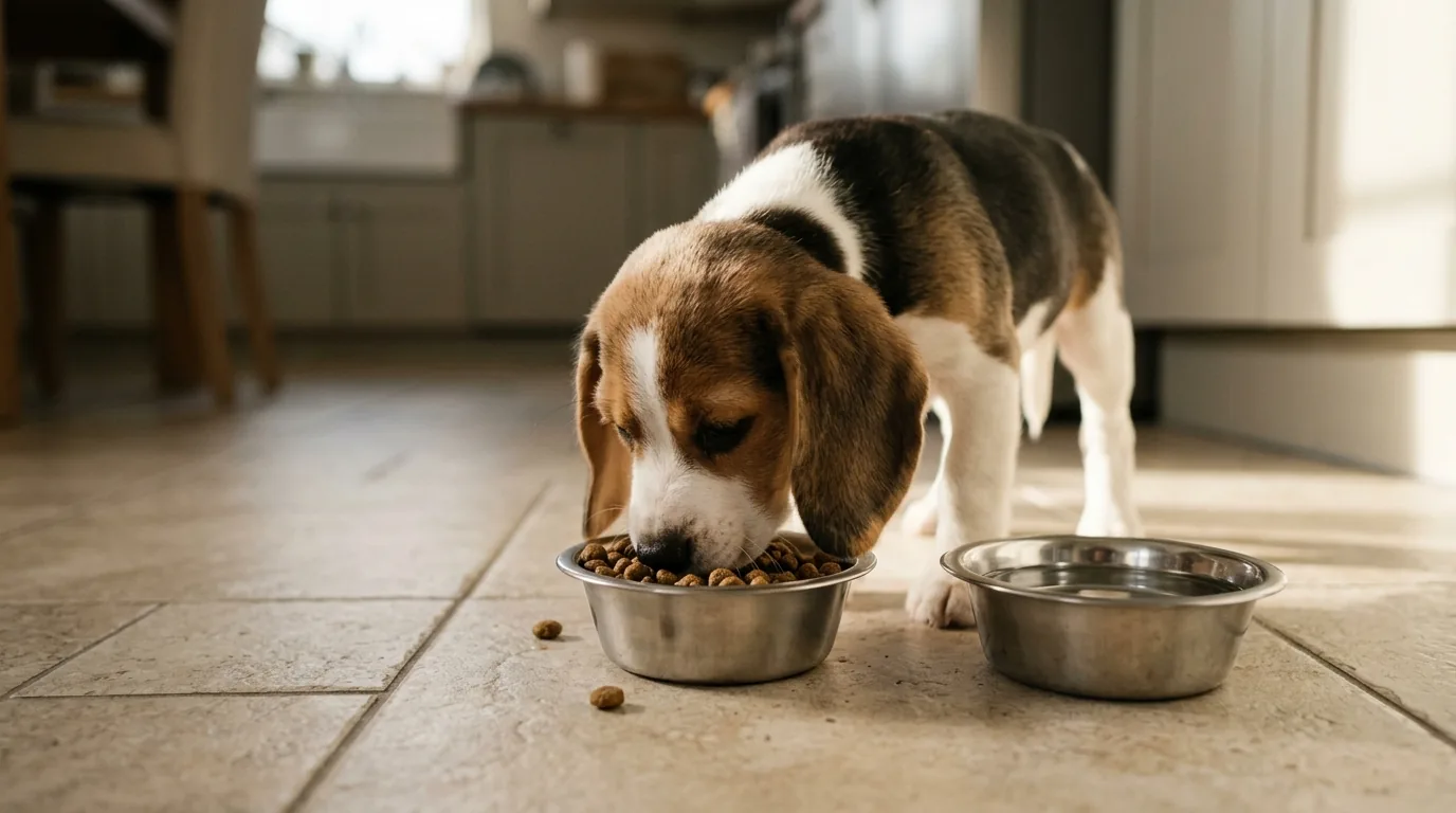 Filhote de beagle comendo ração seca em pote de inox ao lado de um pote de água no piso da cozinha