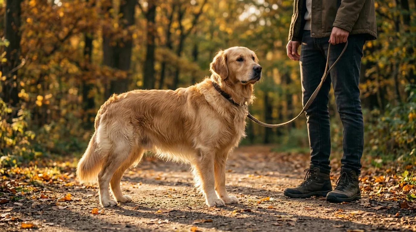 Golden retriever adulto de pé em trilha de parque no outono com a guia solta presa a uma pessoa